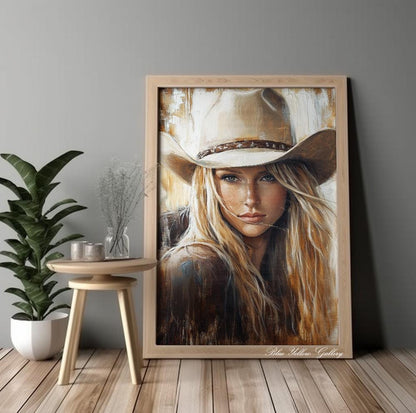 Contemporary cowgirl wall decor – modern abstract female figure for Wild West interior themes.
