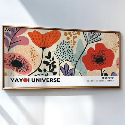 Colorful floral wall art print shown in a gold frame with size guide border strip