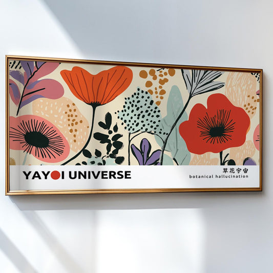 Colorful floral wall art print shown in a gold frame with size guide border strip