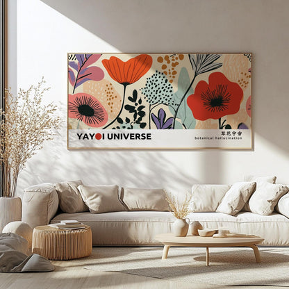 Bold, abstract floral wall art in a light wood frame above a neutral sideboard arrangement
