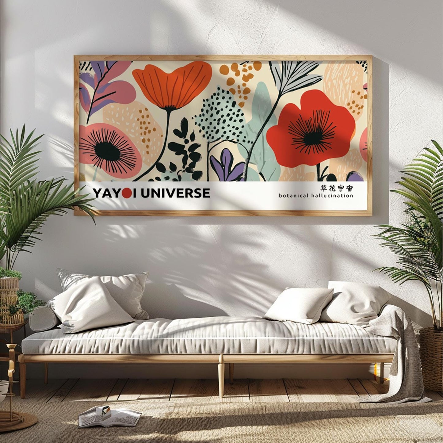 Large framed botanical art print with bold abstract florals hung above a minimalist daybed