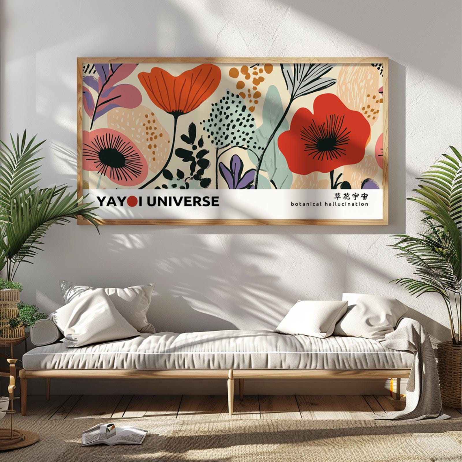 Large framed botanical art print with bold abstract florals hung above a minimalist daybed