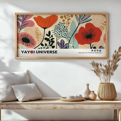 Colorful abstract floral print in a natural wood frame, displayed above a bench in sunlight