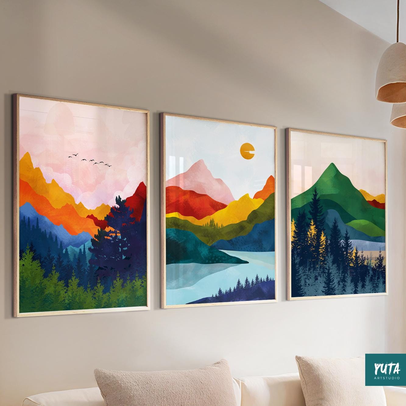 Scandinavian landscape art – set of 3 prints featuring colorful abstract mountains and nature forms.