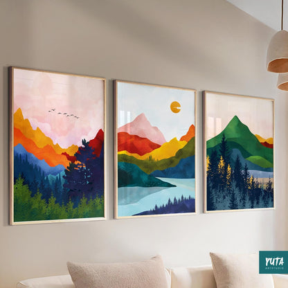 Scandinavian landscape art – set of 3 prints featuring colorful abstract mountains and nature forms.