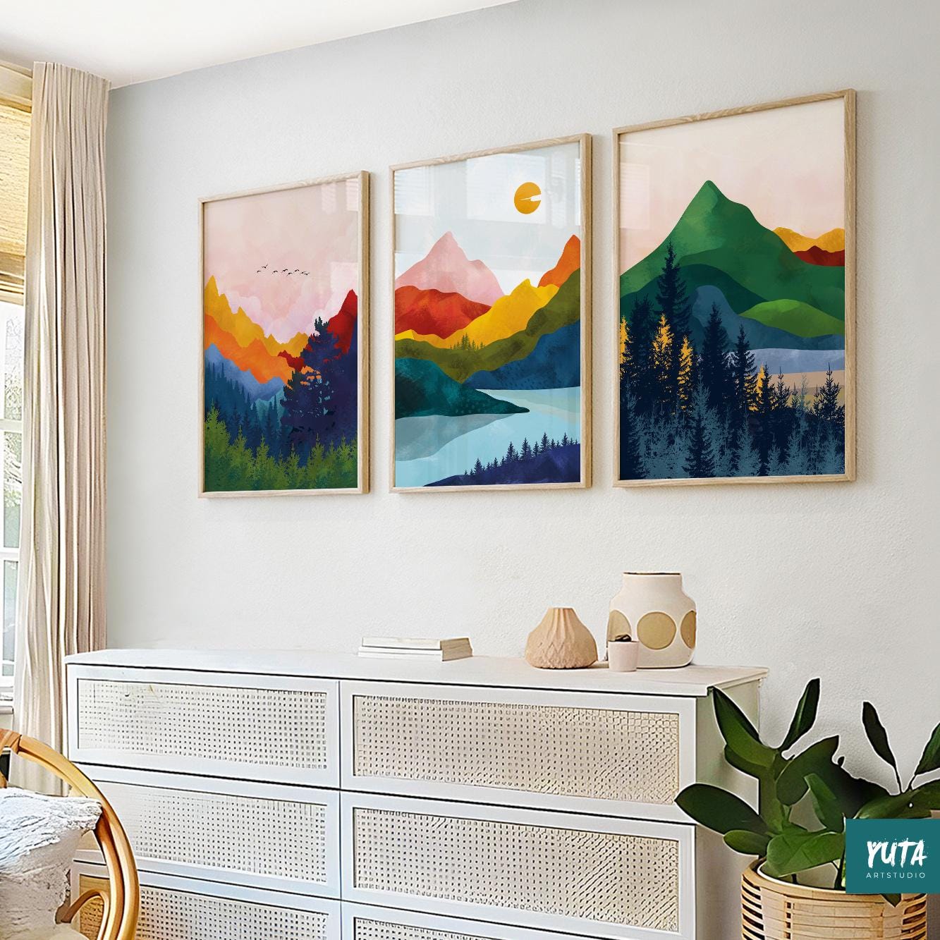 Colorful abstract mountain posters – minimalist Nordic wall art for nature-inspired interior design.