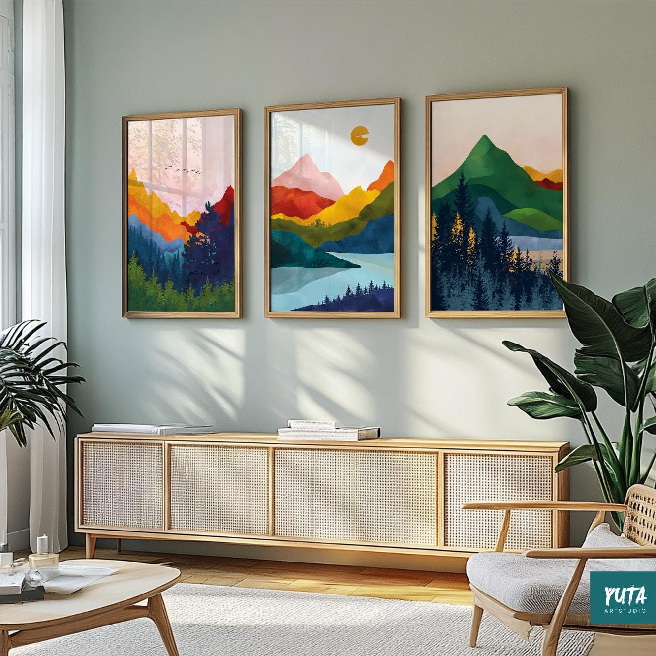 Abstract landscape print set – modern Scandinavian mountain wall art in bold, colorful tones.