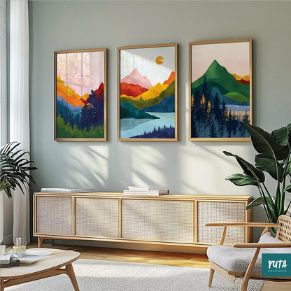 Abstract landscape print set – modern Scandinavian mountain wall art in bold, colorful tones.