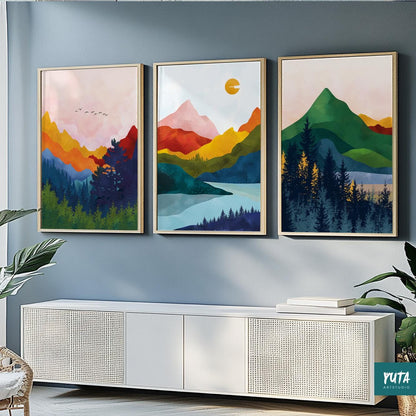 Set of 3 Nordic mountain prints – minimal abstract nature art for living room or hallway walls.