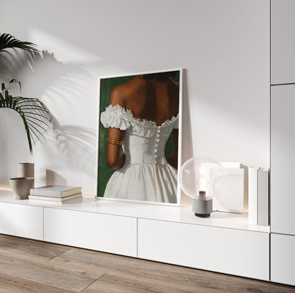 Modern African portrait of woman from back in classic white gown, sophisticated and elegant wall print