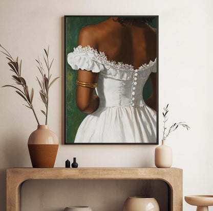 Chic fashion art print featuring black woman in off shoulder white dress with gold arm cuffs, stylish home decor