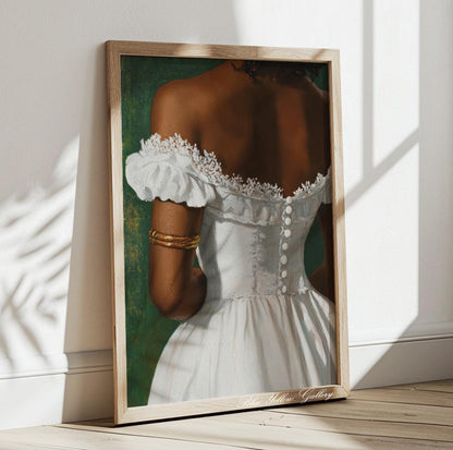 Contemporary black girl portrait in elegant dress, stylish fashion art for bedroom or hallway wall decor
