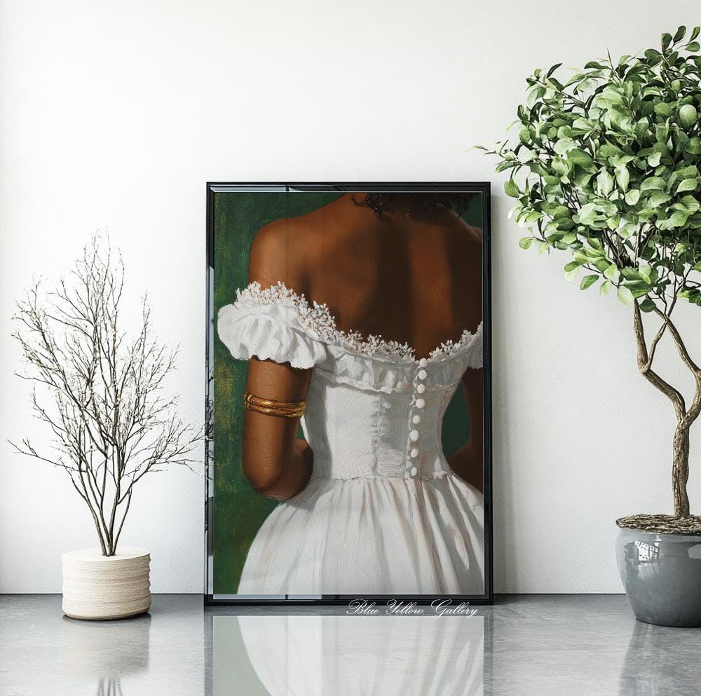 Feminine wall art print with African woman wearing vintage style white dress, modern living room decoration