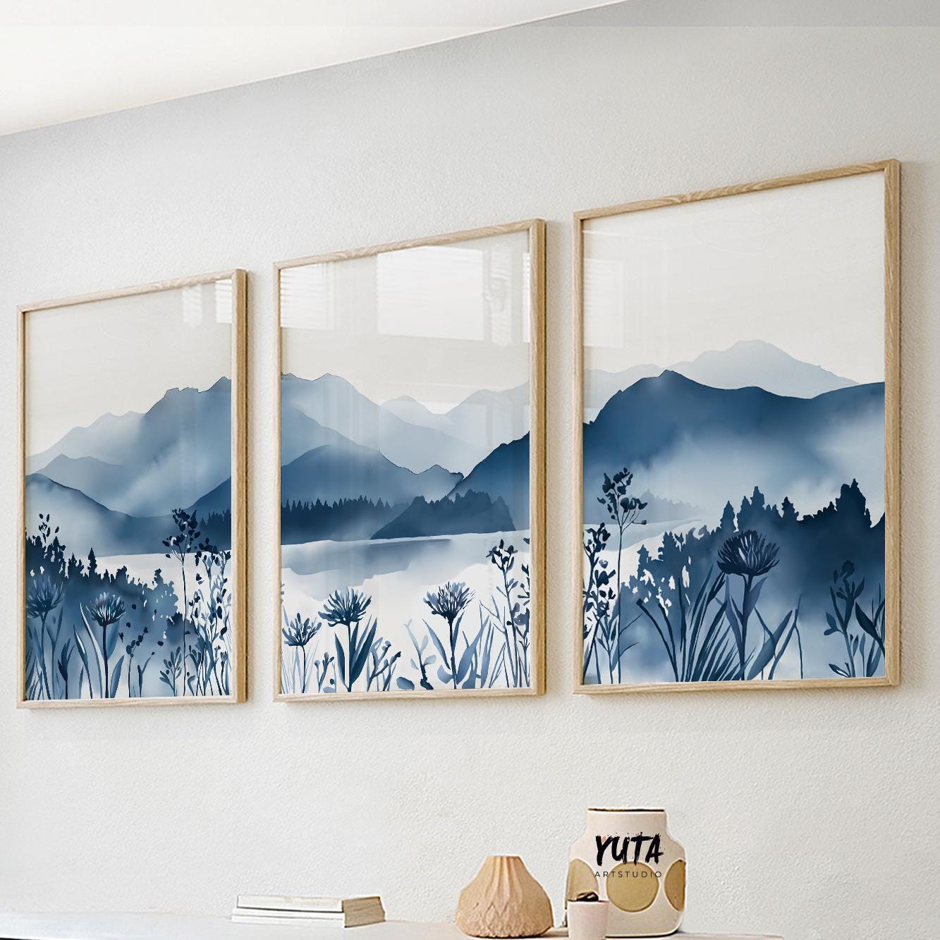 Navy blue mountain wall art set of 3 abstract landscape prints for modern Scandinavian home decor