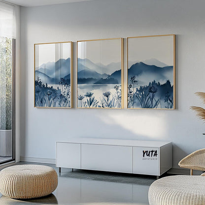 Watercolor mountain landscape with blue tones and floral silhouette, perfect nature triptych wall art for cozy living spaces