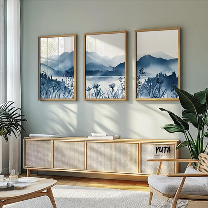 Blue nature wall art set of three, mountain and botanical watercolor prints for minimalist bedroom or living room decoration
