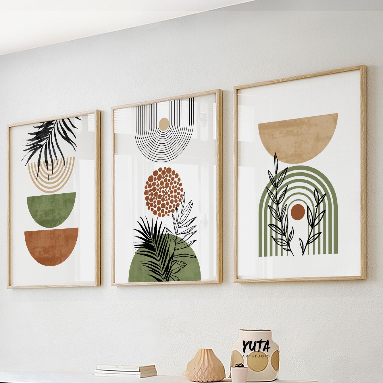 Three framed terracotta and green abstract boho prints arranged as a wall art set