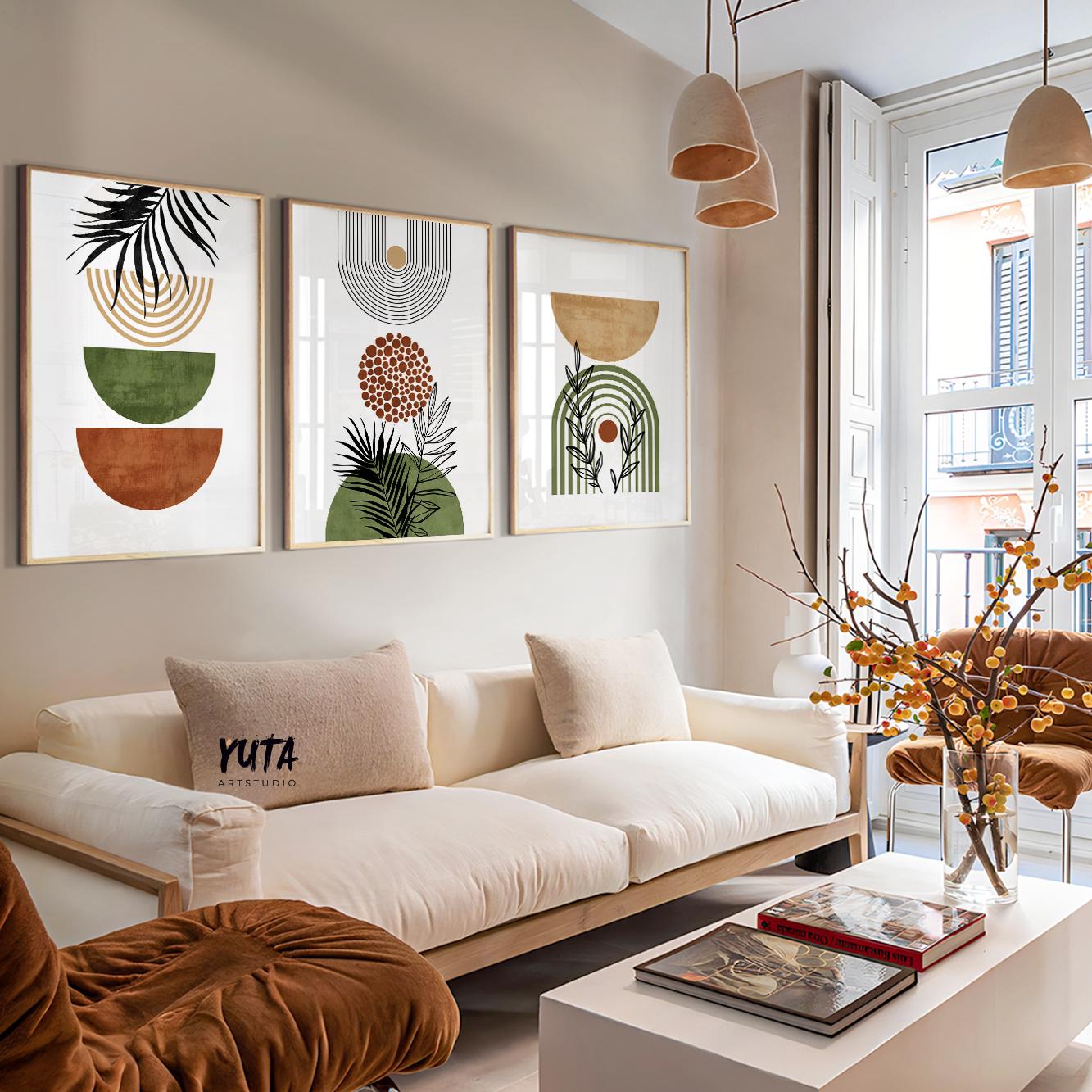 Visual size guide showing three framed boho prints above a sofa for scale reference
