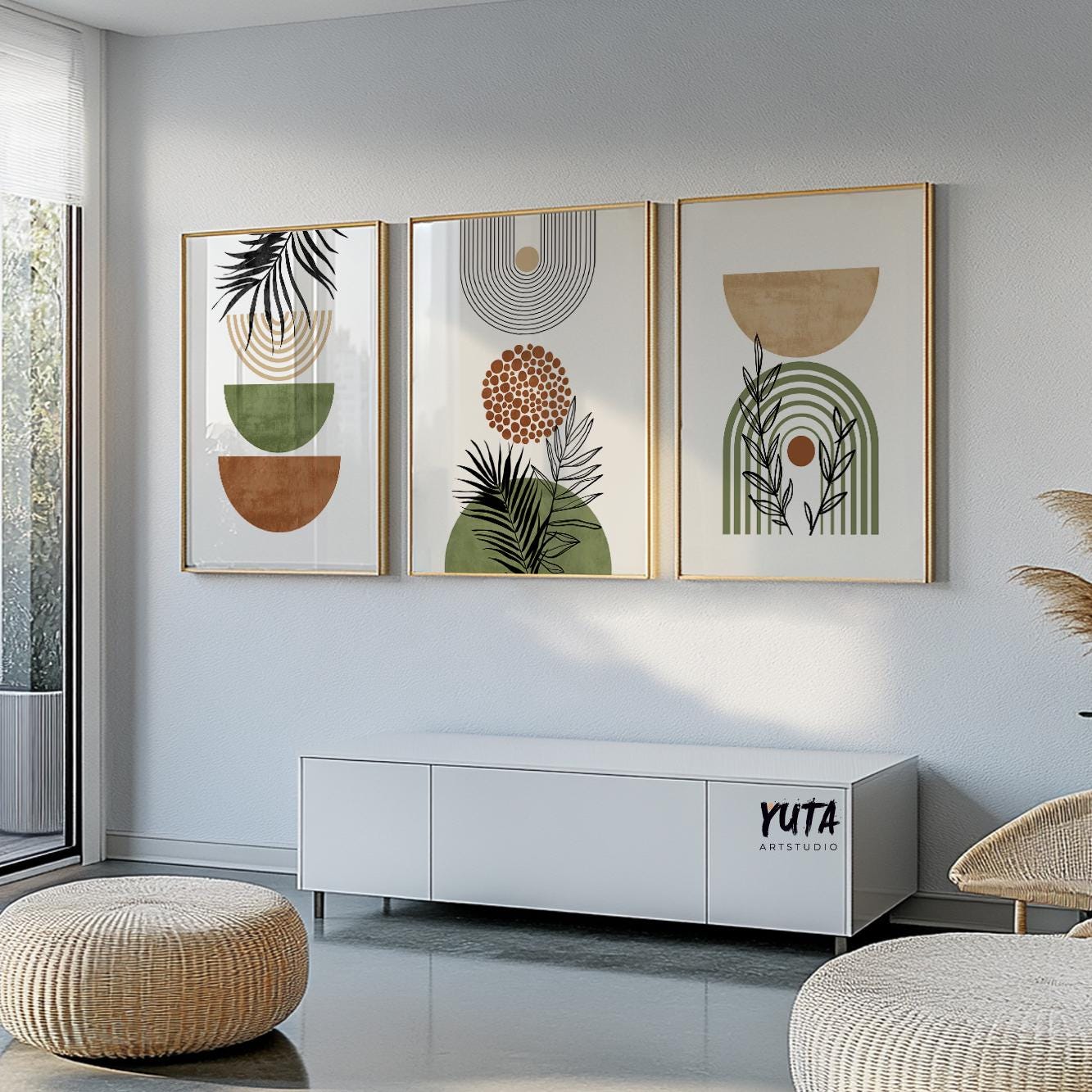 Set of three framed earthy minimalist boho prints with abstract leaves and geometric shapes.