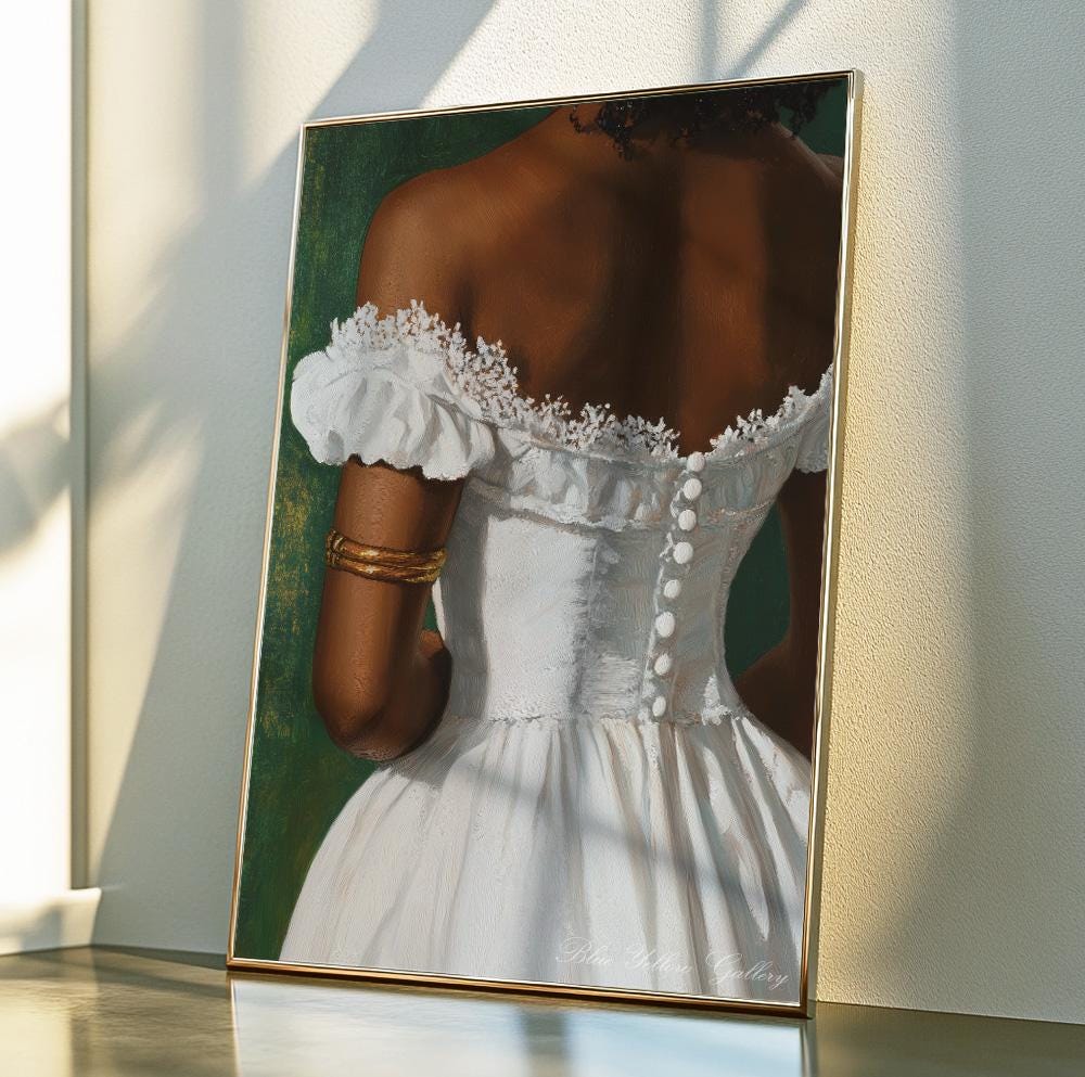 Woman in classic lace dress art print, elegant African fashion wall decor with green background