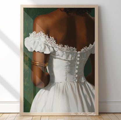 Elegant African woman art print in white dress, modern black girl portrait wall decor for living room or bedroom
