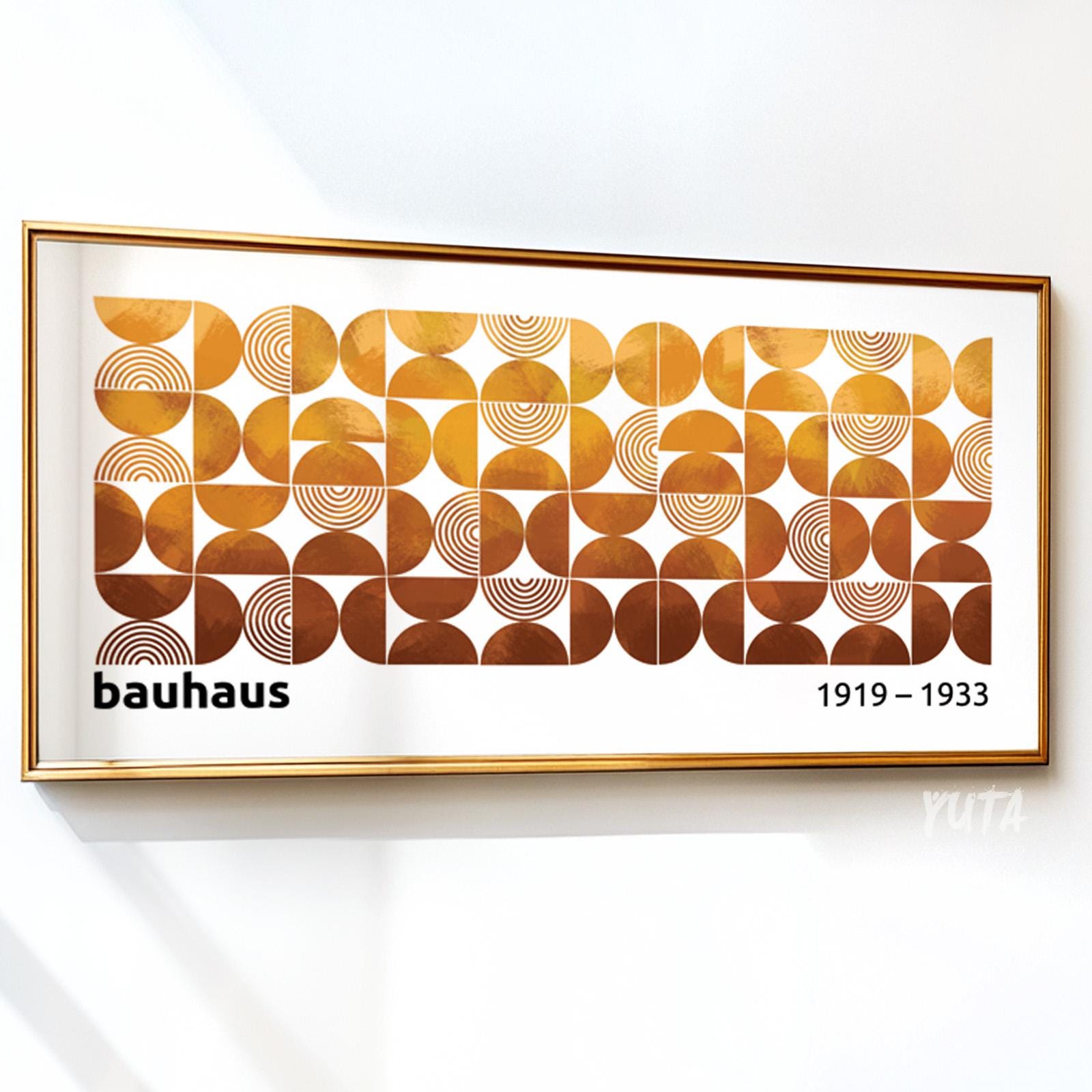 Framed Bauhaus geometric print with terracotta and mustard shapes, ready for secure shipping.