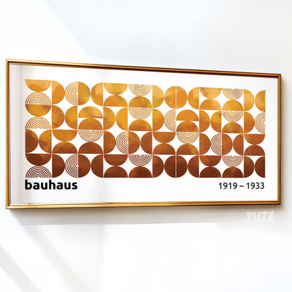 Framed Bauhaus geometric print with terracotta and mustard shapes, ready for secure shipping.