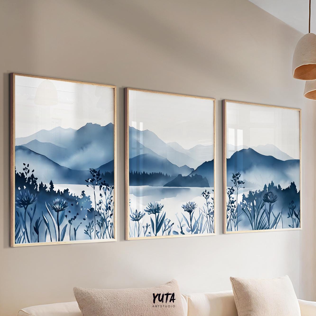 Modern navy blue landscape wall decor set of 3 prints for contemporary living room or bedroom