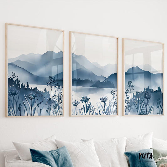 Set of three blue mountain landscape prints, minimalist watercolor wall art perfect for Scandinavian or modern living room decor