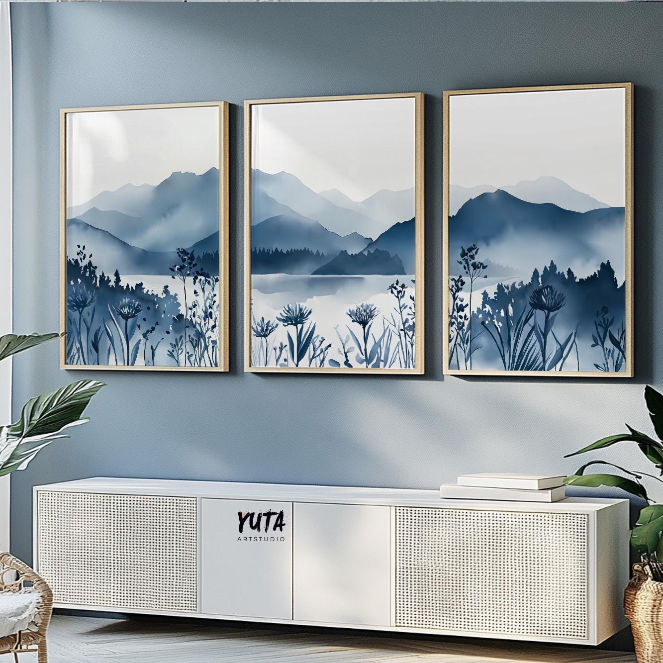 Contemporary blue mountain landscape poster set, elegant watercolor botanical wall decor for modern or Nordic interiors