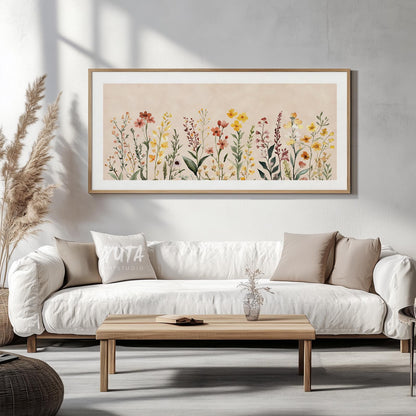 Horizontal wildflower print in a soft neutral palette, framed and centered above a white sofa