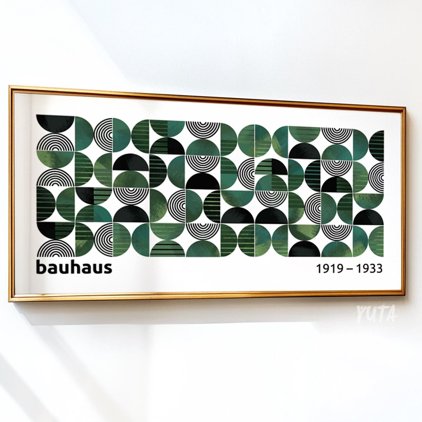 Size guide showing framed geometric Bauhaus print in landscape orientation on a wall