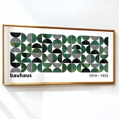 Size guide showing framed geometric Bauhaus print in landscape orientation on a wall