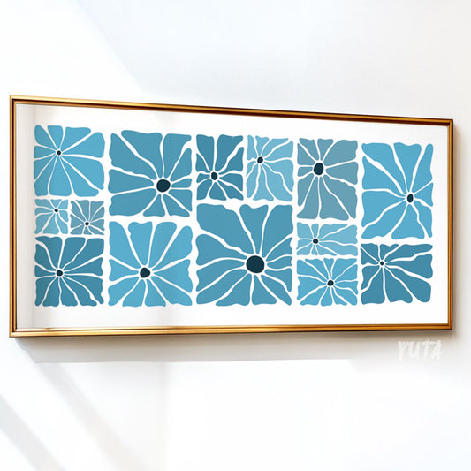 Horizontal blue retro floral print with geometric petals, framed and ready for safe shipping