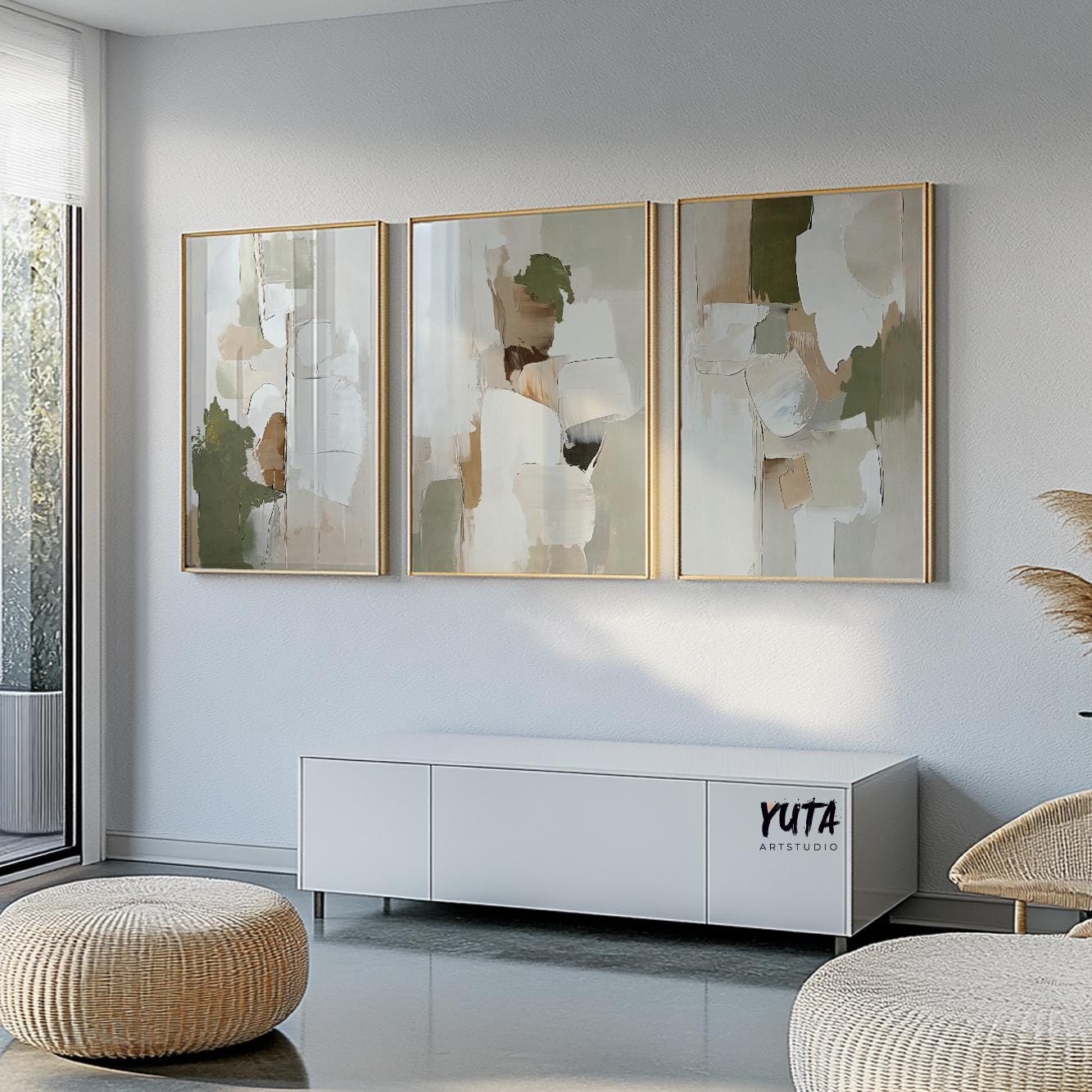 Triple abstract olive green and beige prints in gold frames, each measuring 24x36 inches.