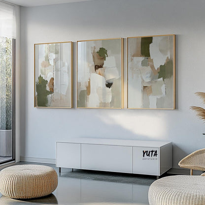 Triple abstract olive green and beige prints in gold frames, each measuring 24x36 inches.