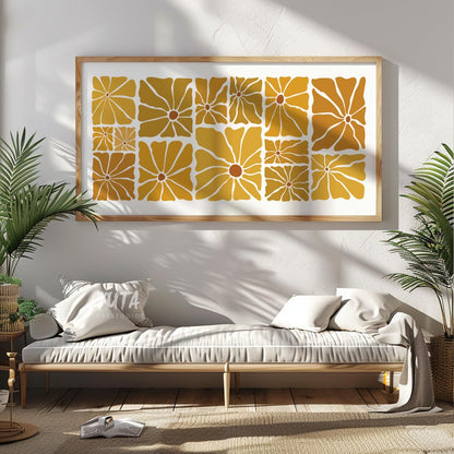 Mid-century modern floral print in ochre tones framed above a lounge bench