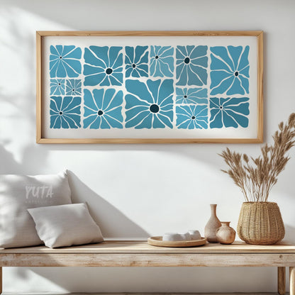 Rectangle size reference showing framed blue floral print above a wooden bench