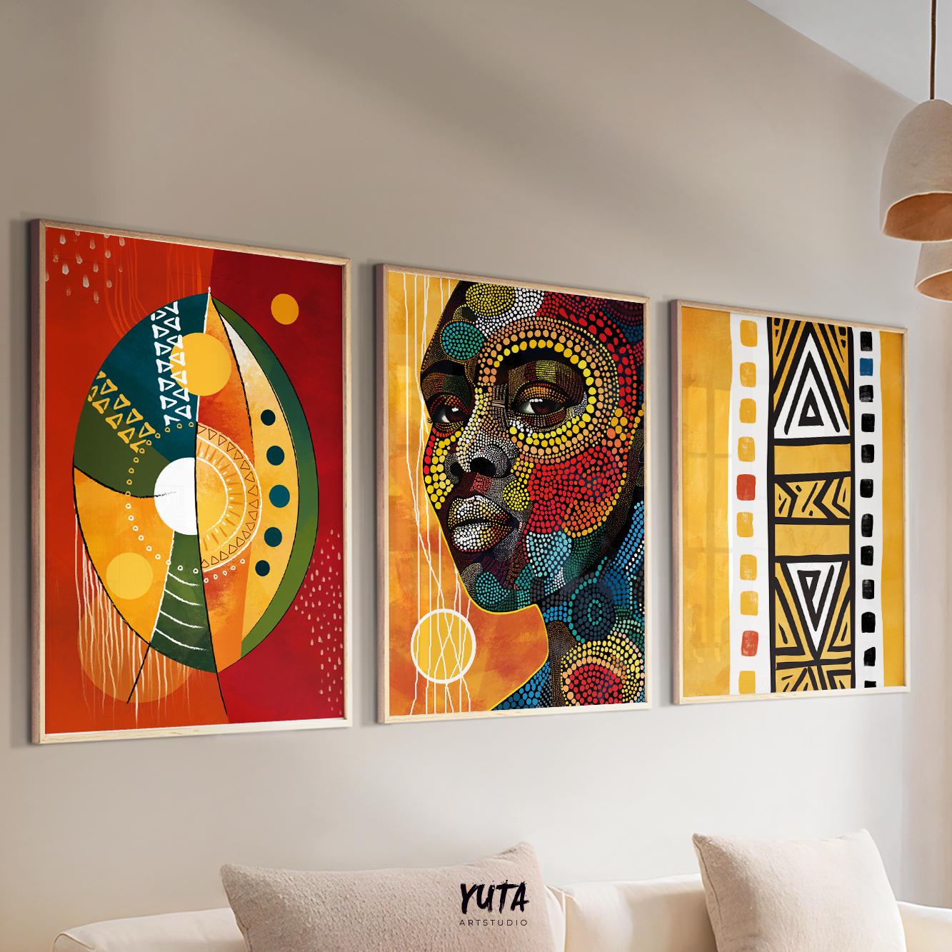 African American abstract portrait wall art, modern ethnic colorful gallery set of 3