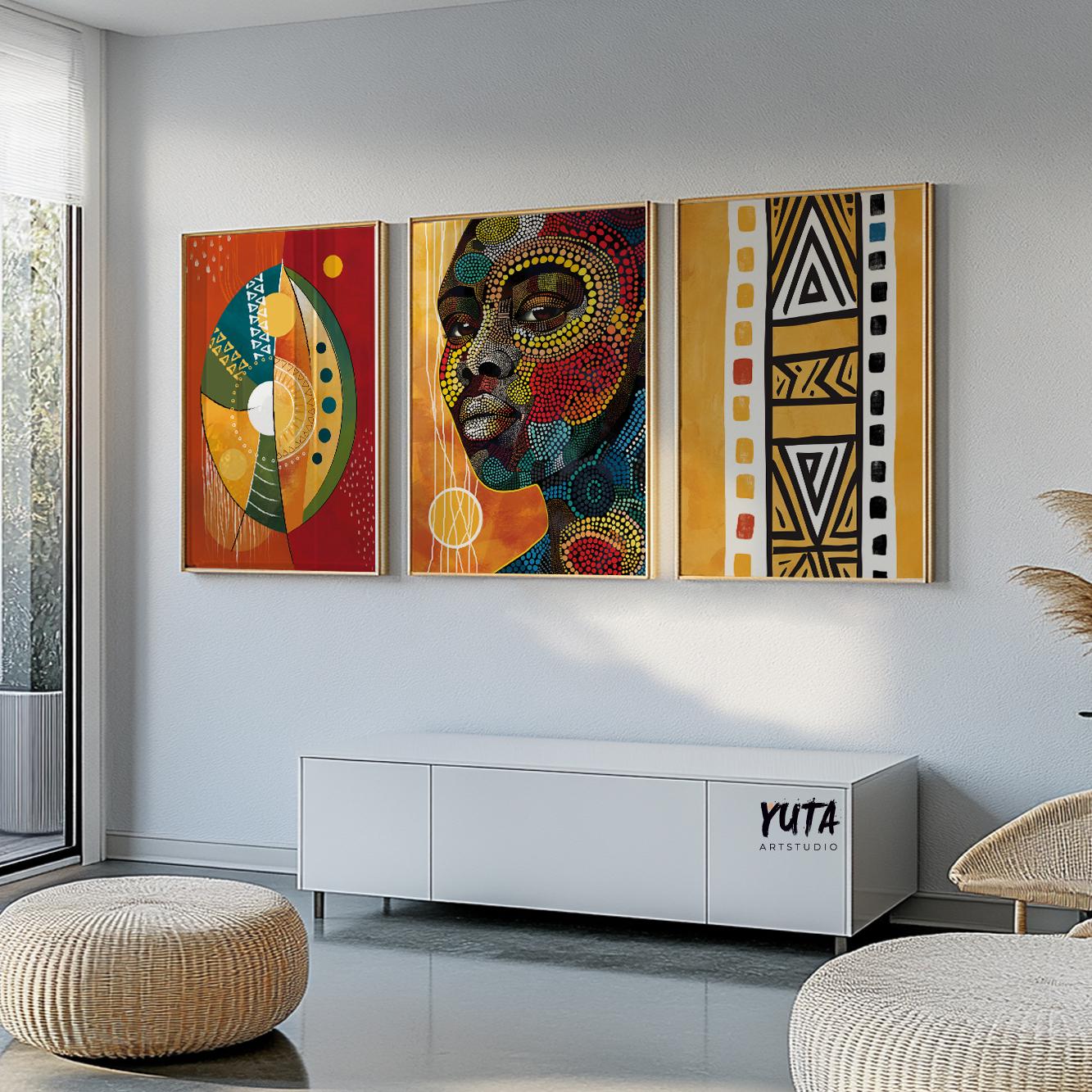 Abstract African tribal wall art, ethnic geometric pattern print set of 3