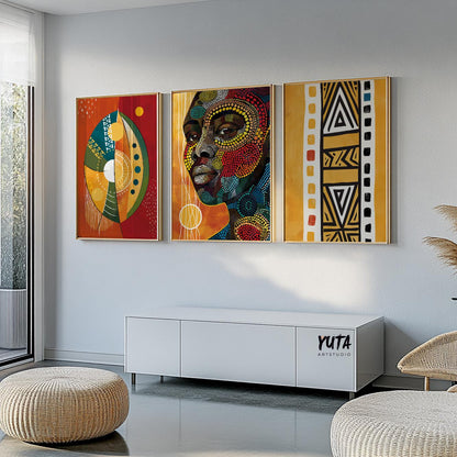 Abstract African tribal wall art, ethnic geometric pattern print set of 3
