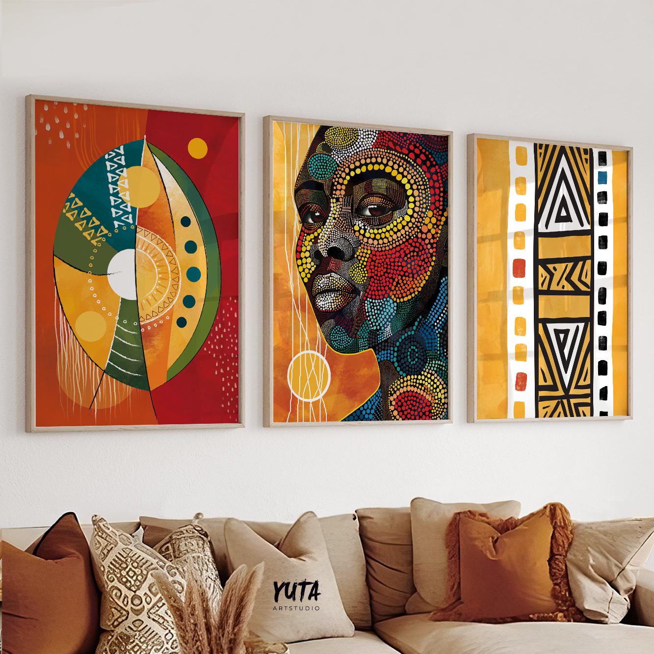 Colorful black woman portrait with dots, modern African art print for boho decor