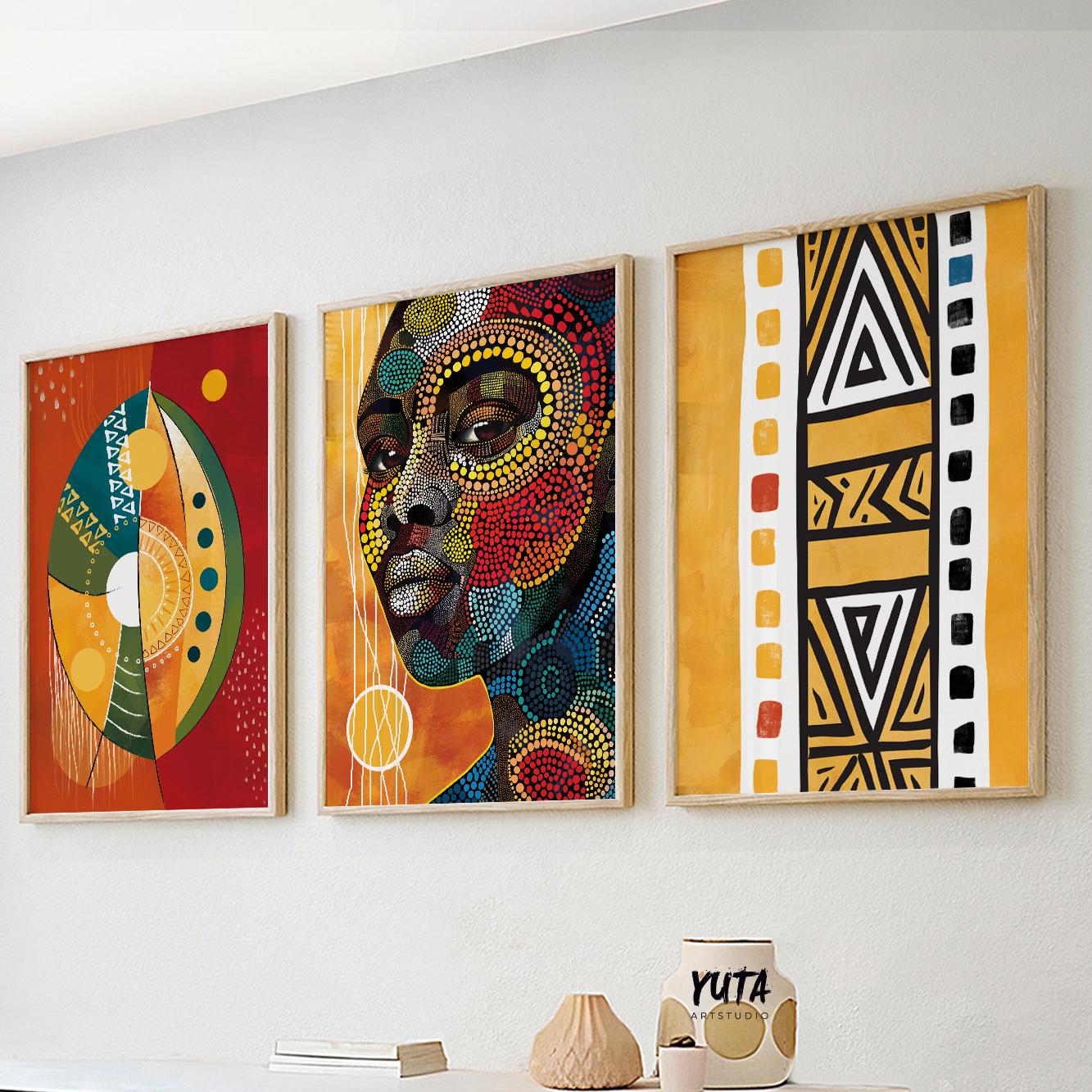 Afrocentric abstract woman print, bright tribal ethnic wall art set for living room
