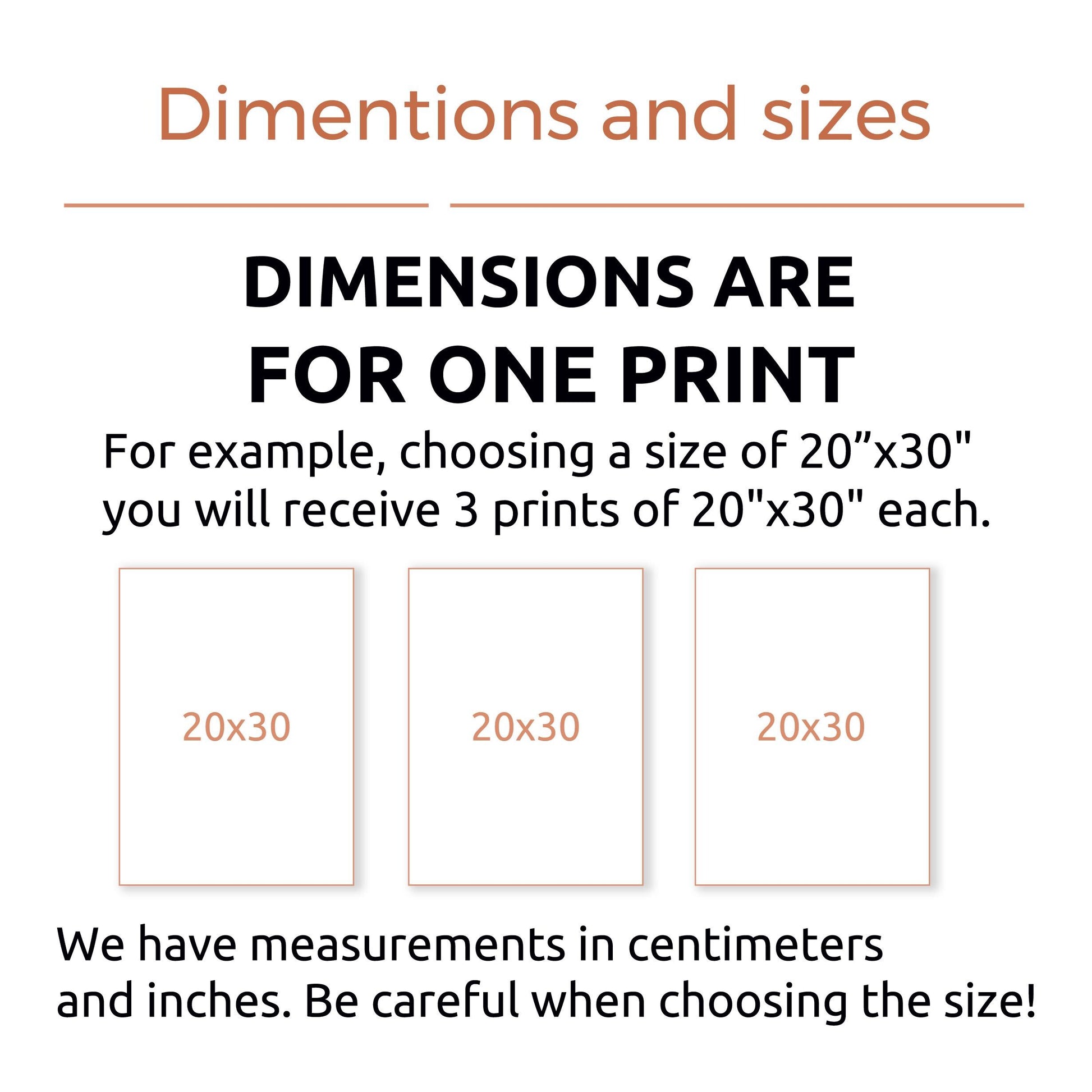 Wall art size guide showing three prints, each labeled 20x30 inches, with measurement notes.