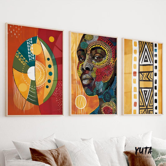 Colorful African woman portrait wall art, abstract afrocentric print with tribal design