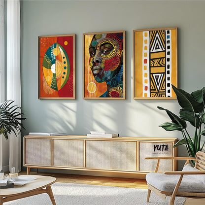 African American abstract wall decor, colorful woman portrait and tribal prints