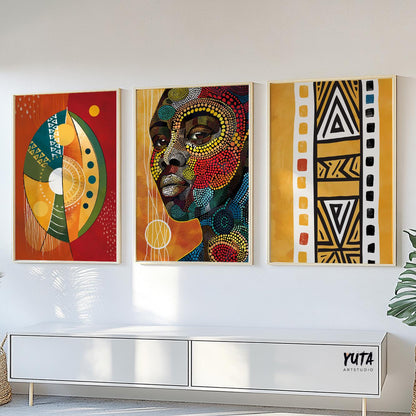 Afrocentric boho wall art, abstract black woman with geometric tribal design. Bright African wall print set, ethnic modern gallery wall art for living room