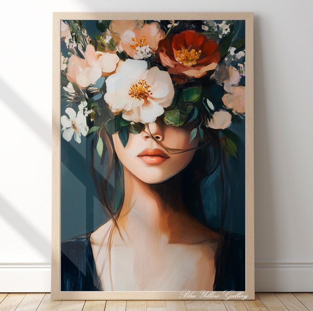 Mid Century Woman with Flowers Print – navy blue floral female wall art, abstract people art boho decor