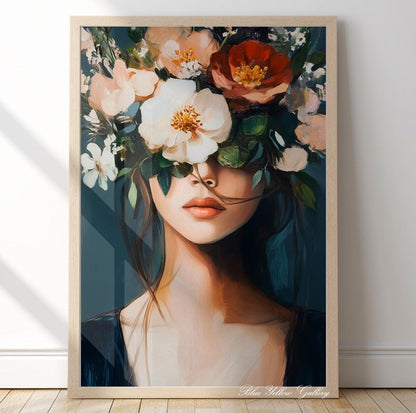 Mid Century Woman with Flowers Print – navy blue floral female wall art, abstract people art boho decor
