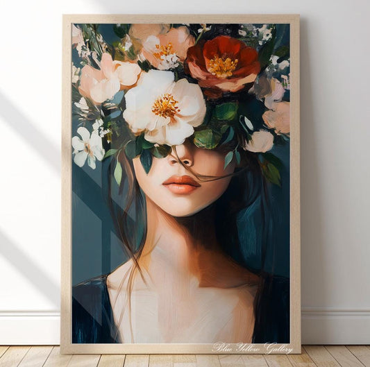 Mid Century Woman with Flowers Print – navy blue floral female wall art, abstract people art boho decor